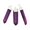 Natural Quartz Crystal Pointed Pendants, Bullet Shape, Dyed, with Platinum Brass Finding, Dark Violet, 35~53x7~13x5.5~10mm, Hole: 2.5mm