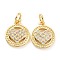 Brass Micro Pave Cubic Zirconia Charms, with Jump Rings, Long-Lasting Plated, Cadmium Free & Lead Free, Light Gold, Flat Round with Heart, Clear, 13x11x2mm