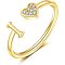 Adjustable Brass Rhinestone Cuff Rings, Letter & Heart, Golden, Letter I, Inner Diameter: 15~20mm