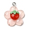 Translucent Resin Pendants, Sunflower Charms with Platinum Plated Iron Loops, Pink, 25x21x7.5mm, Hole: 2mm