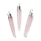 Natural Rose Quartz Brass Pendants, Cadmium Free & Lead Free, Bullet Shaped, Silver Color Plated, 33~37x4~5mm, Hole: 2mm