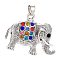 Tibetan Style Alloy Rhinestone Pendants, Elephant, Colorful, Antique Silver, 29x37x7mm, Hole: 6x5mm