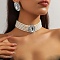 Oval Brass & Glass & Plastic Pearl Beaded Chain Collar & Stud Earrings Sets, Clear, 280mm