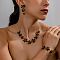 Flower Brass Enamel Pendant Necklace & Stud Dangle Earring & Link Bracelet, Golden, Black, 420mm & 180mm & 50x21mm