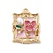 Alloy Enamel Pendants, Rectangle with Flower Charm, with ABS Plastic Pearl, Pink, 25.5x19x5mm, Hole: 2mm