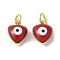 Brass Enamel Charms, with Jump Ring, Lead Free & Cadmium Free, Real 18K Gold Plated, Heart with Evil Eye Charm, FireBrick, 9x7x4.5mm, Hole: 2.2mm