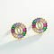 Brass Colorful Cubic Zirconia Stud Earrings, Flat Round, Golden, Letter D, 16x16mm