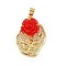 Brass Micro Pave Cubic Zirconia Pendants, Cadmium Free & Lead Free, Oval with Resin Flower, Real 18K Gold Plated, Red, 34.5x23.5x11mm, Hole: 7x4.5mm