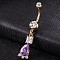 Piercing Jewelry, Brass Cubic Zirconia Navel Ring, Belly Rings, with 304 Stainless Steel Bar, Cadmium Free & Lead Free, Real 18K Gold Plated, teardrop, Purple, 48x9mm, Bar Length: 3/8