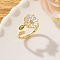 Brass Cuff Rings for Women, with Enamel & Rhinestone, Flower, Golden, White, Inner Diameter: 15~20mm