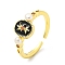 Natural Pearl Flower Open Cuff Ring, Brass Enamel Finger Ring with Cubic Zirconia, Real 14K Gold Plated, US Size 7 1/2(17.7mm)