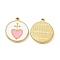 PVD Vacuum Plating 201 Stainless Steel Pendants, with Enamel, Real 18K Gold Plated, Flat Round with Heart Charm, Pink, 23.5x20x2.7mm, Hole: 1.7mm