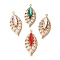 Brass Pendants, with Glass, Leaf, Golden, Mixed Color, 31x14x4mm, Hole: 1.2mm