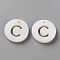Natural Freshwater Shell Pendants, Flat Round with Letter, Letter.C, 12x1.5mm, Hole: 1mm