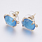 Faceted Glass Stud Earring Findings, with Loop, Light Gold Plated Brass Findings, Oval, Deep Sky Blue, 14x10x5mm, Hole: 1mm, Pin: 0.8mm