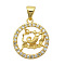 Brass Micro Pave Clear Cubic Zirconia Pendants, Cadmium Free & Nickel Free & Lead Free, Light Gold, Flat Round with 12 Constellations, Aquarius, 18.5x16x3~4mm, Hole: 3.5x5mm