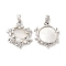 Brass Shell Pendants, with Cubic Zirconia, Flat Round with Flower, Platinum, 20.5x17.5x3.5mm, Hole: 2x4mm