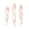 3Pcs 3 Styles Electroplated Natural Quartz Crystal Pointed Copper Wire Wrapped Pendants, with Brass & 304 Stainless Steel Star Lightning Moon, Golden, Pink, 44.5~54x10~11x11~13mm, Hole: 4mm, 1pc/style
