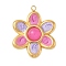 Dyed Natural White Jade Pendants, Stainless Steel Enamel Flower Charms, Real 18K Gold Plated, Hot Pink, 24.5x20x4.5mm, Hole: 1.4mm