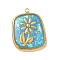 304 Stainless Steel Epoxy Resin with Natural Shell and Sequins Inside Pendants, Rectangle with Flower Charms, Real 18K Gold Plated, PVD Vacuum Plating, Deep Sky Blue, 23x18x3mm, Hole: 1.5mm