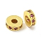 Brass Cubic Zirconia Spacer Beads, Long-Lasting Plated, Lead Free & Cadmium Free, Flat Round, Fuchsia, 7x2.8mm, Hole: 2.8mm