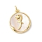 Brass Pave Natural White Shell Pendants, Flat Round Rose Charms with Jump Rings, Long-Lasting Plated, Lead Free & Cadmium Free, Rack Plating, Real 18K Gold Plated, 17.5x15x2.5mm, Hole: 3mm