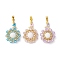3Pcs 3 Colors Natural Mashan Jade(Dyed & Heated) Pendants, Flower Glass Seed Beads Wrapped Charms with Golden Tone Brass Bails, Mixed Color, 34x20x8mm, Hole: 3.5x4mm, 1pc/color