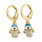 Real 18K Gold Plated Brass Dangle Leverback Earrings, with Enamel and Cubic Zirconia, Hamsa Hand with Evil Eye, Deep Sky Blue, 26x9mm