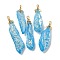 Electroplated Raw Rough Natural Quartz Crystal Big Pendants, Nuggets Charms with Copper Wire Loops, Golden, Deep Sky Blue, 40~48x13~23x10~20mm, Hole: 4.5~5mm