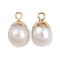 Natural Pearl Round Charms, with Brass Findings, White, Golden, 14.5~15x8.5~9.5mm, Hole: 1.8mm