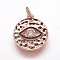 Hammered Brass Pendants, with Cubic Zirconia and Enamel, Flat Round with Eye, Rose Gold, 17x14.5x3mm, Hole: 3mm