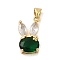 Rack Plating Brass Micro Pave Cubic Zirconia Pendants, Cadmium Free & Lead Free, Long-Lasting Plated, Real 18K Gold Plated, Rabbit, Dark Green, 20x11x7mm, Hole: 5x3.5mm