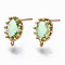 Brass Stud Earring Findings, with Glass and Loop, Long-Lasting Plated, Cadmium Free & Nickel Free & Lead Free, Oval, Light Gold, Light Green, 11.5x7.5mm, Hole: 1mm, Pin: 0.7mm