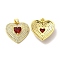 Brass Micro Pave Clear Cubic Zirconia Pendants, Cadmium Free & Lead Free, with Glass, Heart Charms, Golden, Red, 22x22x6mm, Hole: 5x3.5mm
