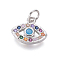 Brass Micro Pave Cubic Zirconia Charms, with Jump Rings, Eye, Colorful, Platinum, 11x13x2.5mm, Hole: 3mm