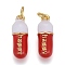 Brass Enamel Pendants, with Jump Rings, Long-Lasting Plated, Pill Bar Shape with Word Happy, Red, Real 18K Gold Plated, 17x6mm, Hole: 3mm