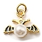 Brass Enamel Pendants, with Plastic Imitation Pearls and Jump Ring, Long-Lasting Plated, Lead Free & Cadmium Free, Wing Charm, Real 18K Gold Plated, 13.5x15.5x7mm, Hole: 3.2mm