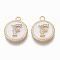 Brass Micro Pave Cubic Zirconia Pendants, with Shell, Flat Round with Letter, Nickel Free, Clear, Creamy White, Real 18K Gold Plated, Letter.F, 17x14x4mm, Hole: 1.8mm