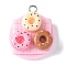 Opaque Resin Pendants, Imitation Food, Doughnut, with Platinum Plated Iron Loops, Pink, 22.5x19.5x8mm, Hole: 2mm