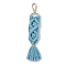 Handmade Macrame Nylon Thread Pendant Decorations, Alloy Clasps Charms for Bag or Keychain Ornaments, Rectangle, Sky Blue, 170mm