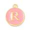 Golden Plated Alloy Enamel Charms, Enamelled Sequins, Flat Round with Alphabet, Letter.R, Pink, 14x12x2mm, Hole: 1.5mm