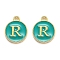 Golden Plated Alloy Enamel Charms, Enamelled Sequins, Flat Round with Alphabet, Letter.R, Green, 14x12x2mm, Hole: 1.5mm