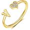 Adjustable Brass Rhinestone Cuff Rings, Letter & Heart, Golden, Letter V, Inner Diameter: 15~20mm