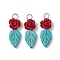 Dyed Synthetic Turquoise & Opaque Resin Pendants, Leaf with Rose Flower Charms, Platinum, 27x9x7mm, Hole: 3mm