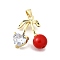 Brass Micro Pave Cubic Zirconia Pendants, Cadmium Free & Lead Free, with Acrylic, Cherry Charms, Real 18K Gold Plated, 24x22.5x9.5mm, Hole: 3.5x5mm