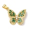 Rack Plating Brass & Cubic Zirconia Pendants, Cadmium Free & Lead Free, Long-Lasting Plated, Real 18K Gold Plated, Butterfly, Green, 20x22x3mm, Hole: 5x4mm