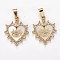Brass Clear Cubic Zirconia Pendants, with Enamel, Long-Lasting Plated, Real 18K Gold Plated, Heart and Eye, White, 23x19x3mm, Hole: 2.5x6mm