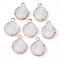 Electroplate Druzy Resin Pendants, with Iron Findings, Flat Round, Light Gold, White, 17~18x13.5x6mm, Hole: 1mm