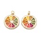 Brass Enamel Pendants, with Jump Rings, Long-Lasting Plated, Flat Round, Colorful, Real 18K Gold Plated, 18x16x1.5mm, Hole: 3.5mm