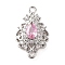 Brass Pave Cubic Zirconia Connector Charms, Hollow Teardrop Links, Platinum, Pink, 20x12x5mm, Hole: 1.2mm